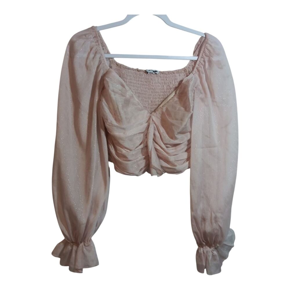 Fashion Nova Elegant Pink Gold Puff Sleeve Crop Top Fairy Coquette Size S